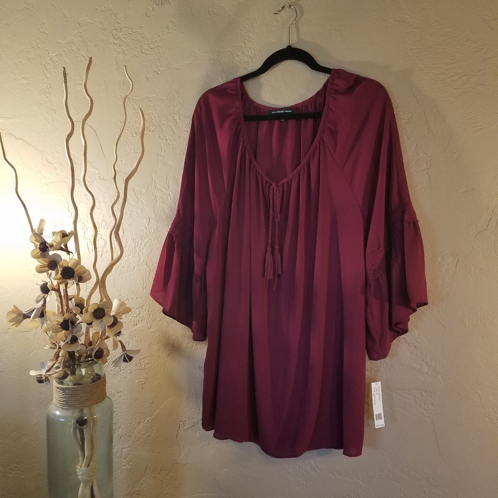 Zach and Rachel Ruffle/Bell Sleeve Burgandy Blouse